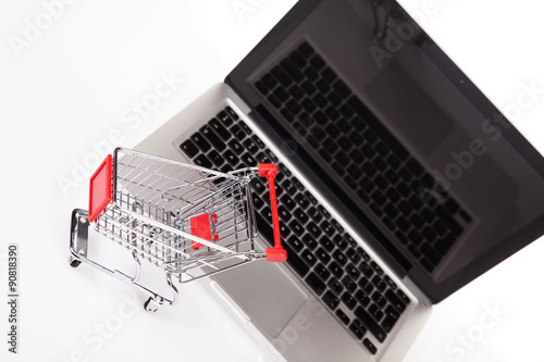 Computer, Online shopping concept in white background