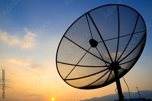 satellite dish on sunset blue sky, skies