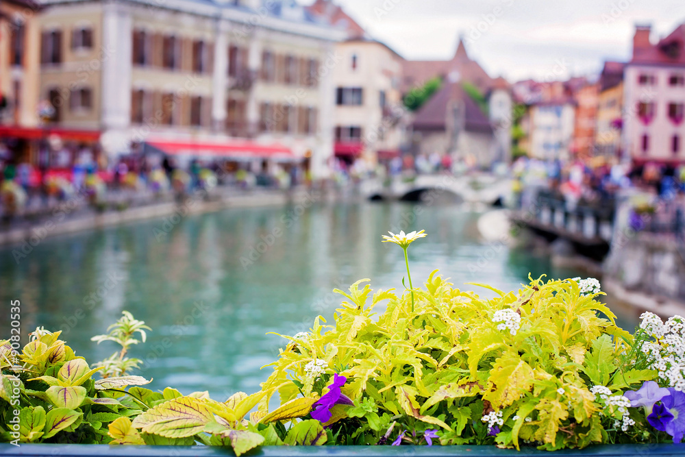 Beautiful flower pots along the canals in Annecy, France, known
