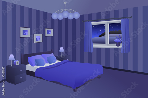 Modern bedroom night blue black bed pillows lamps window illustration vector