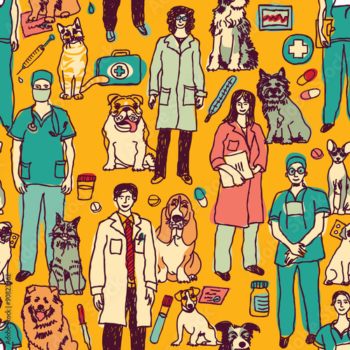 Veterinary people and pets seamless pattern
