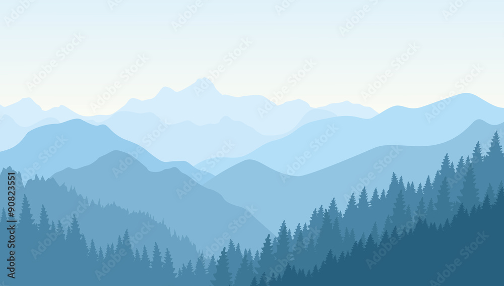 Fototapeta premium Beautiful morning in the blue mountains. Vector illustration.