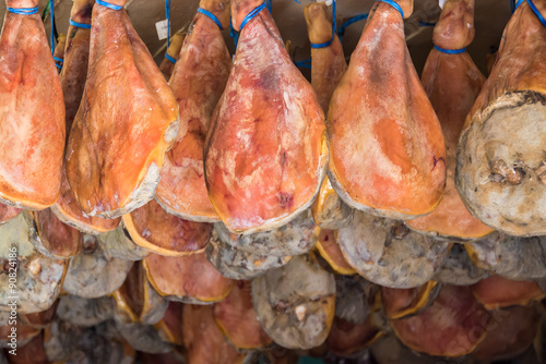 Many Bayonne French smoked hams hanging from a ceiling, Basque country;France
