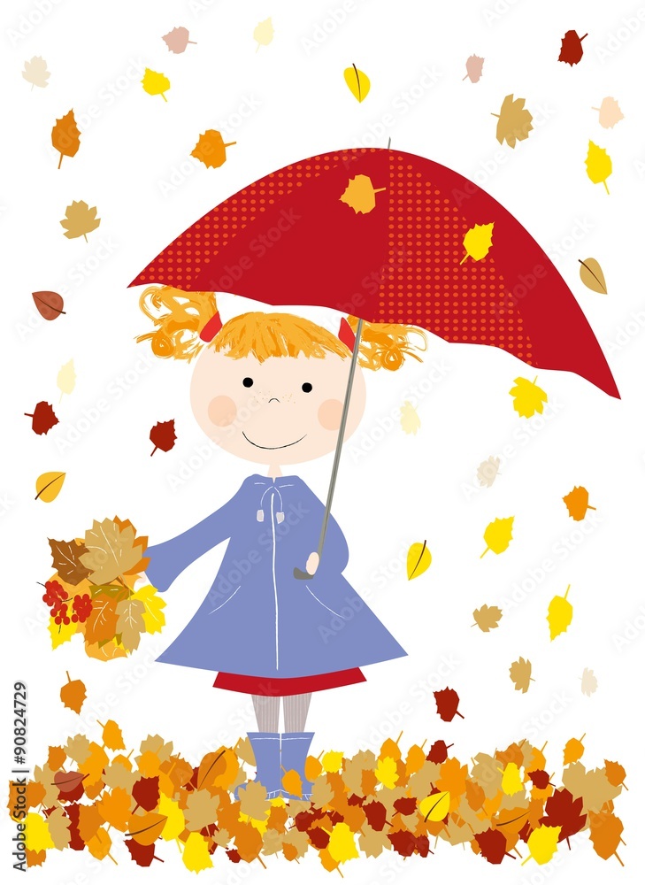 Grafika wektorowa Stock: jesień, dziecko z czerwoną parasolką i spadające  liście | Adobe Stock