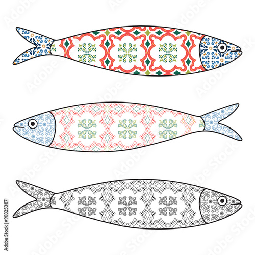 Traditional Portuguese icon. Colored sardines with typical Portu