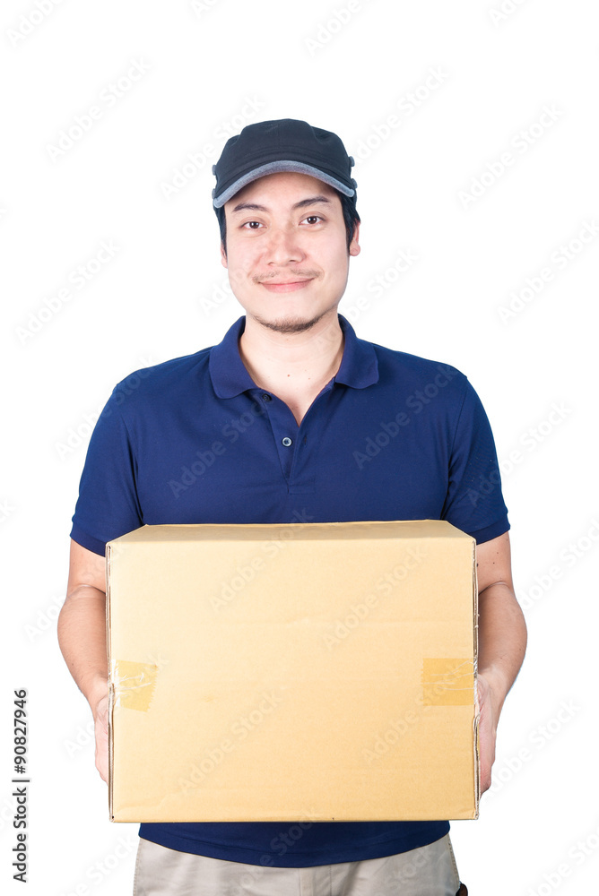 Smiling handsome asian delivery man giving and carrying parcel o Smiling handsome asian delivery man giving and carrying parcel o