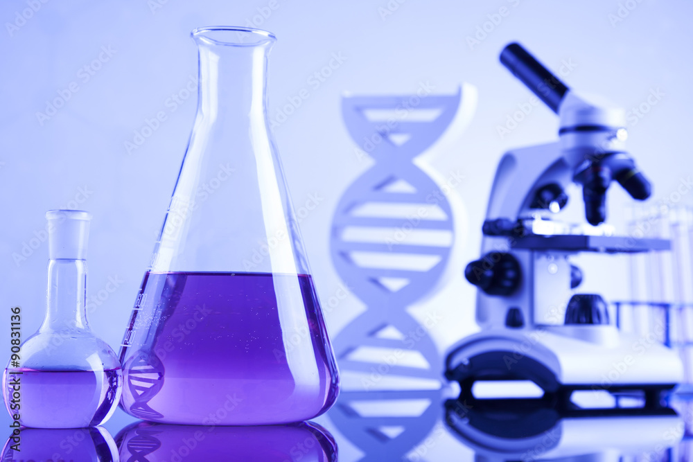 Laboratory work place with microscope and glassware Laboratory work place with microscope and glassware