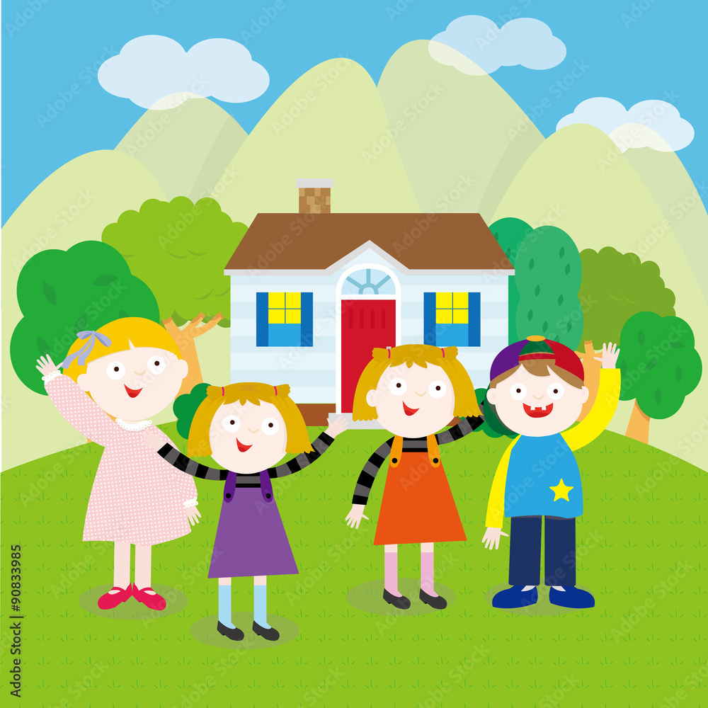 3 girls and 1 boy standing in front of a house on top of a hill