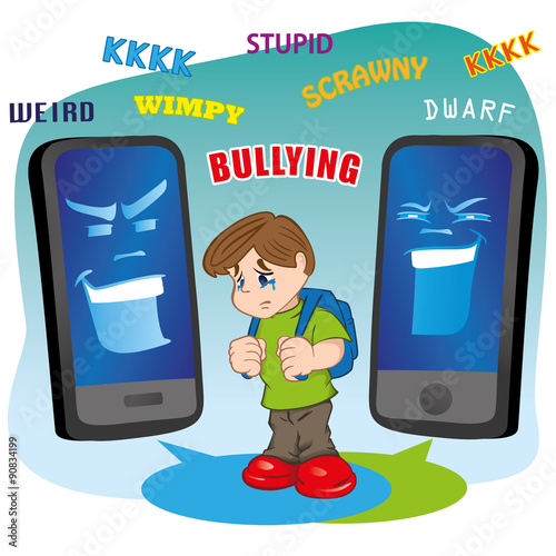 Illustration of a child suffering virtual bullying by mobile phone