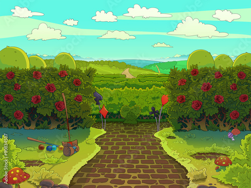 Canvas Print Croquet court with red roses, green garden with a paved road illustration