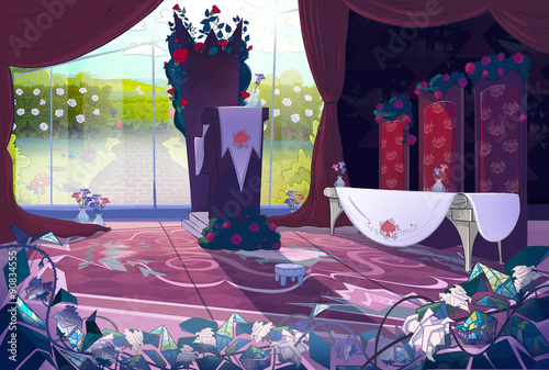 Queen's palace interior, court, jury. Fairy tale cartoon stylish raster illustration.