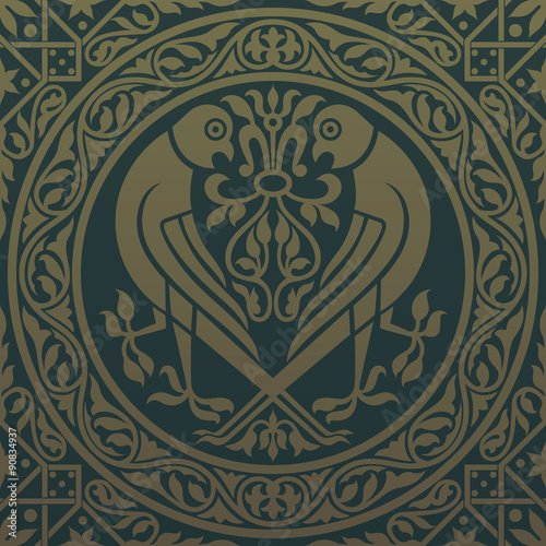 Gold pattern with birds of prey. Vector seamless illustration