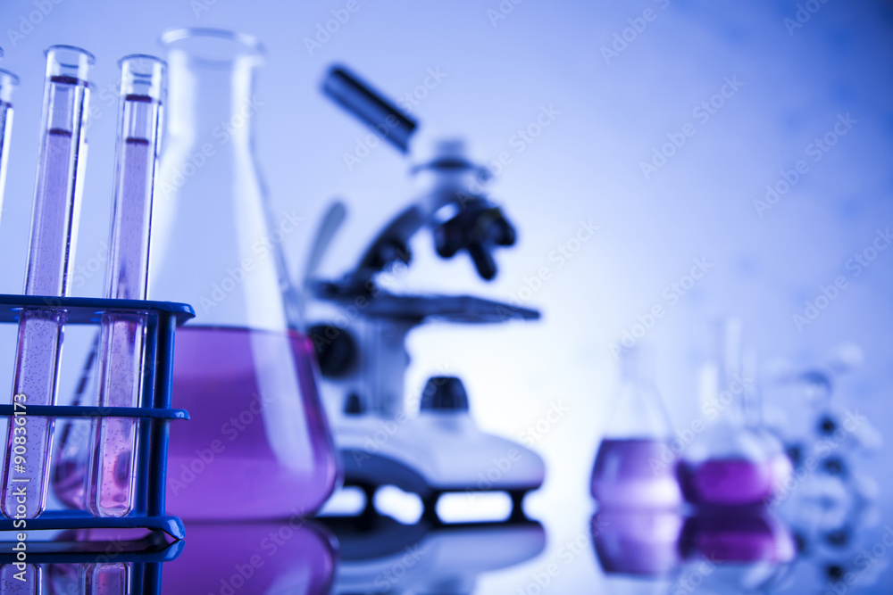 Laboratory work place with microscope and glassware Laboratory work place with microscope and glassware