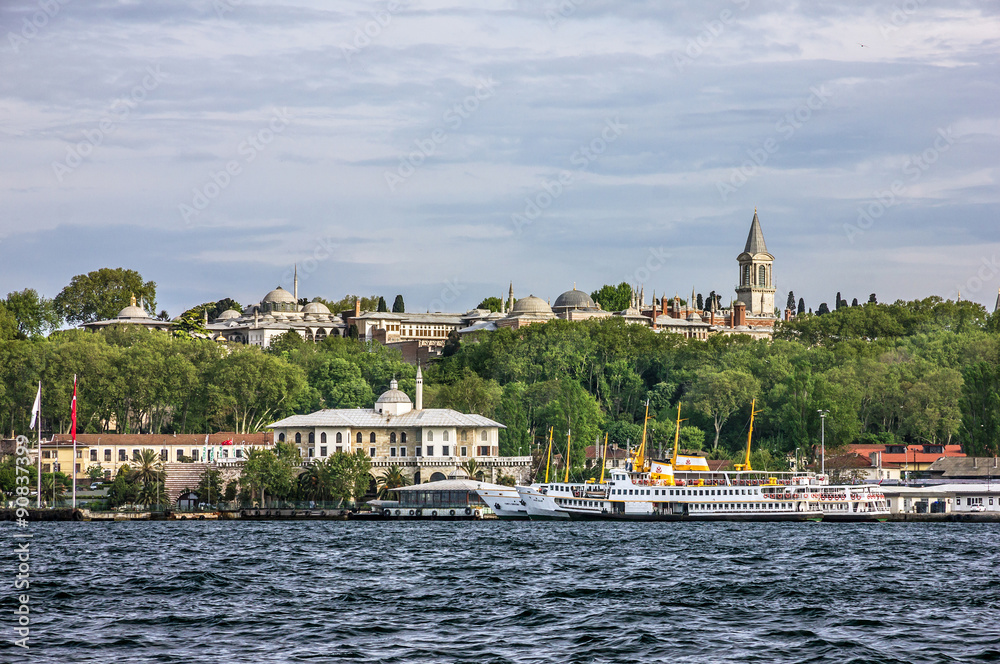 Istanbul sea front view on Topkapi palace, Bosporus, Turkey.