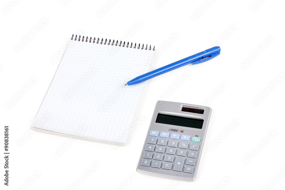 Calculator and paper notebook with blue pen Calculator and paper notebook with blue pen