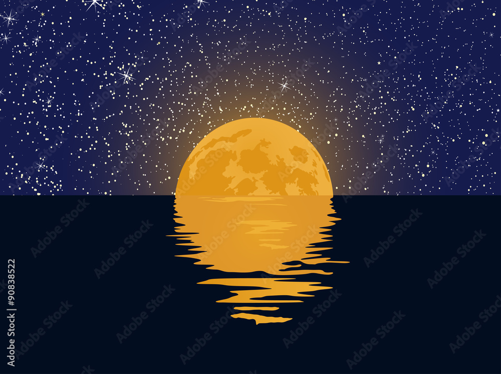 Starry sky and full moon with reflection in the water. Vector ...
