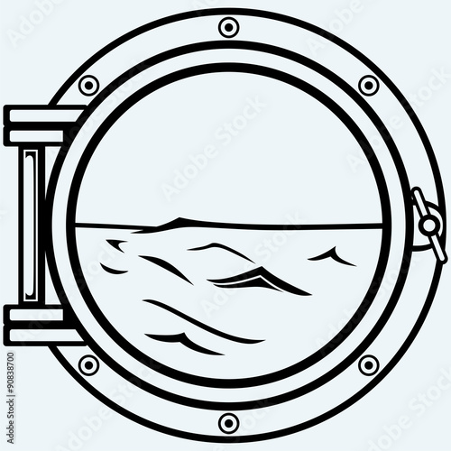 Metallic porthole. Isolated on blue background
