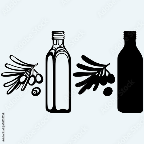 Olive oil and olive branch. Isolated on blue background