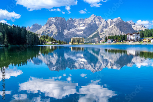 Lake Misurina with reflection of clear sky