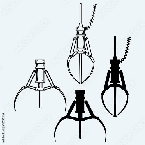 Metal robotic claw. Isolated on blue background
