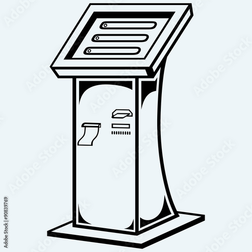 Interactive information kiosk. Terminal stand screen display console infokiosk. Isolated on blue background