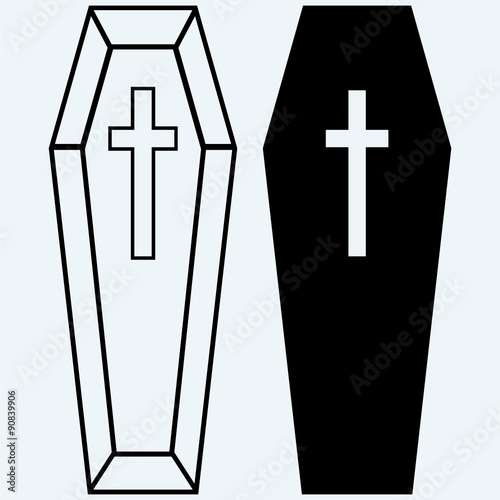 Black coffin. Isolated on blue background