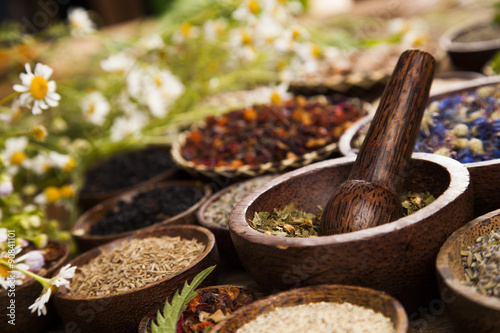 Alternative medicine, dried herbs background