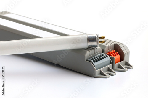 Fluorescent T5 light, and Electronic BallasTubes on White Background, fluorescent, lamps, Bulb. Caused by heat Until the end of its It has a black recycling, electrical, fluorescent, lamps, tubes..