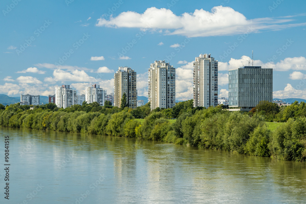     River Sava and Zagreb modern skyline, summer midday 