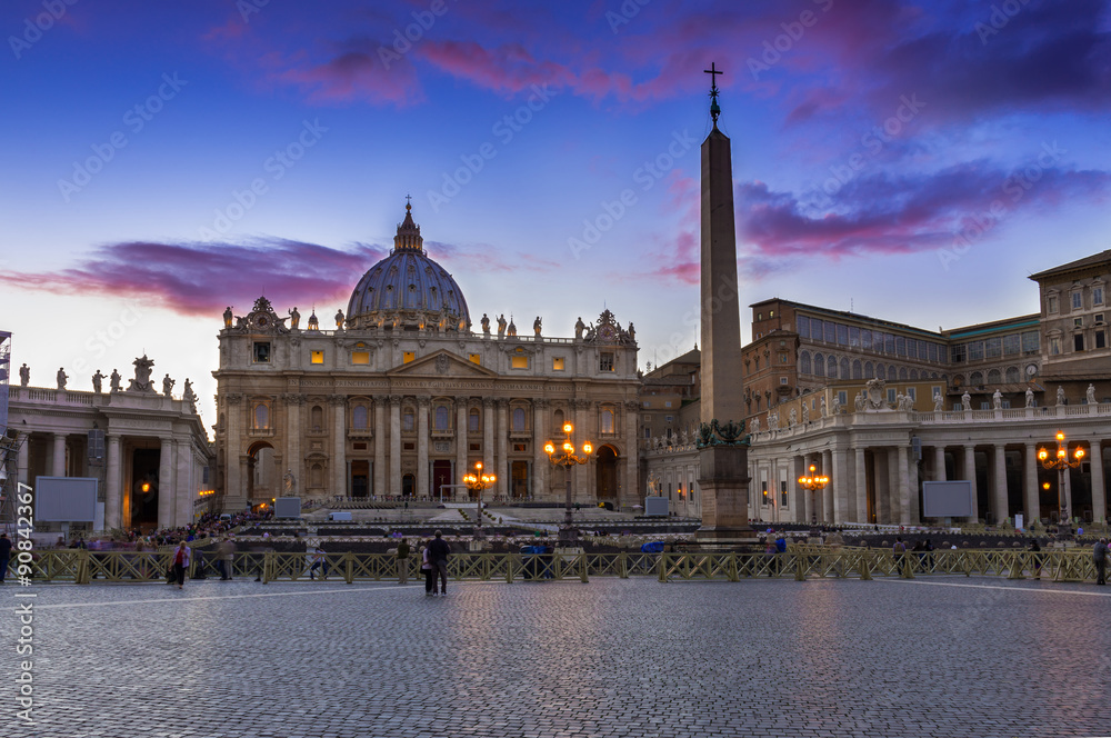 Sunset view of the St. Peter's Basilica in Rome, Vatican. Italy