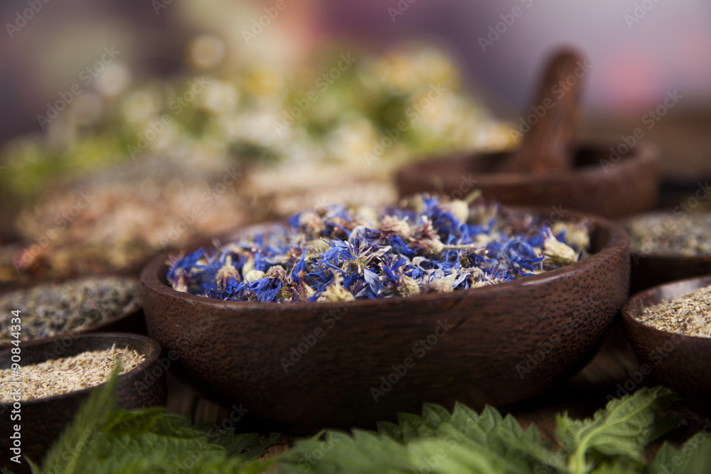 Natural remedy, mortar and herbs Natural remedy, mortar and herbs