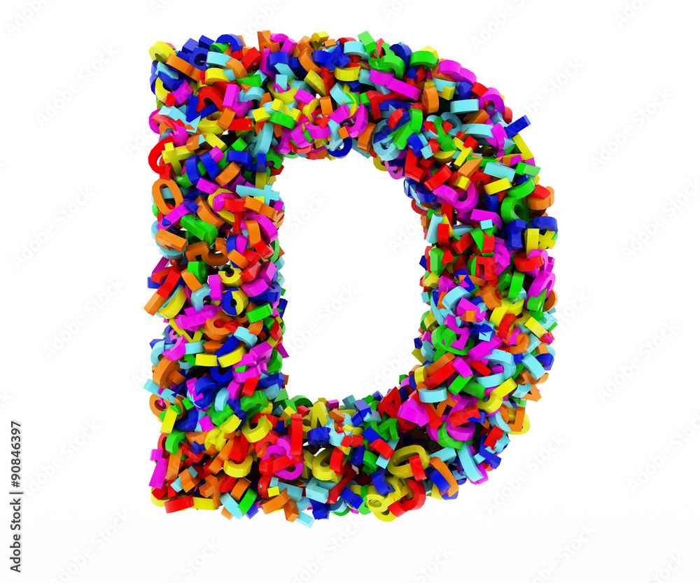 The letter D consists of numbers. Colored letters on a white background. 3D render. The letter D consists of numbers. Colored letters on a white background. 3D render.