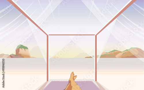 Woman lying down to relax on bed at the beach. This illustration can see her legs in the picture like a take selfie photo.