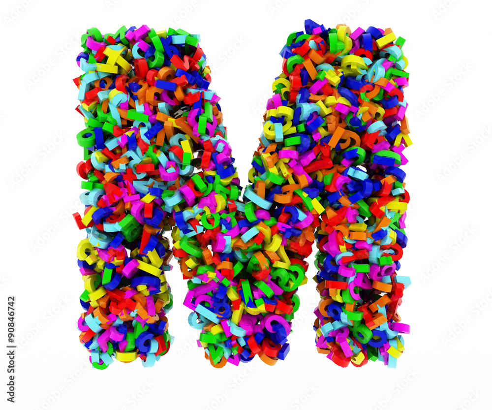 The letter M consists of numbers. Colored letters on a white background. 3D render.
