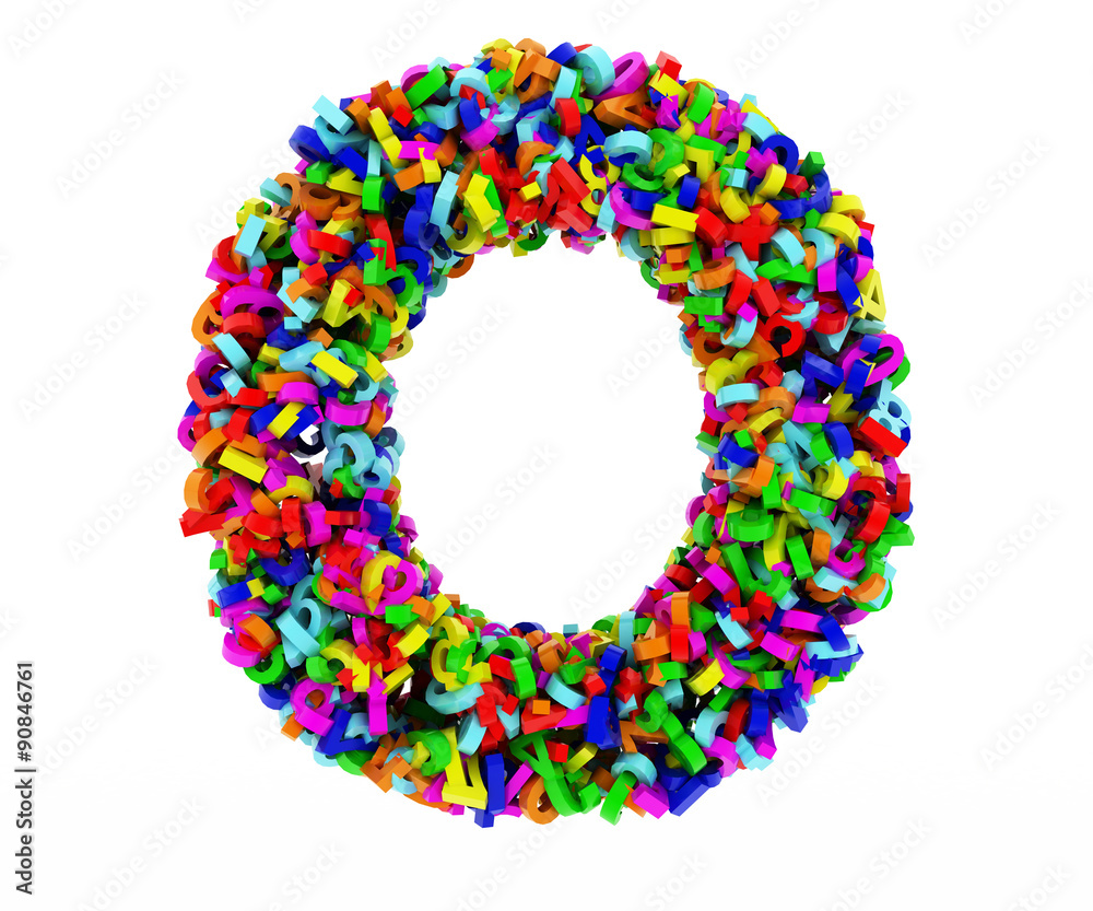 The letter O consists of numbers. Colored letters on a white background. 3D render. The letter O consists of numbers. Colored letters on a white background. 3D render.