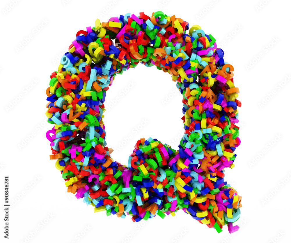 The letter Q consists of numbers. Colored letters on a white background. 3D render. The letter Q consists of numbers. Colored letters on a white background. 3D render.