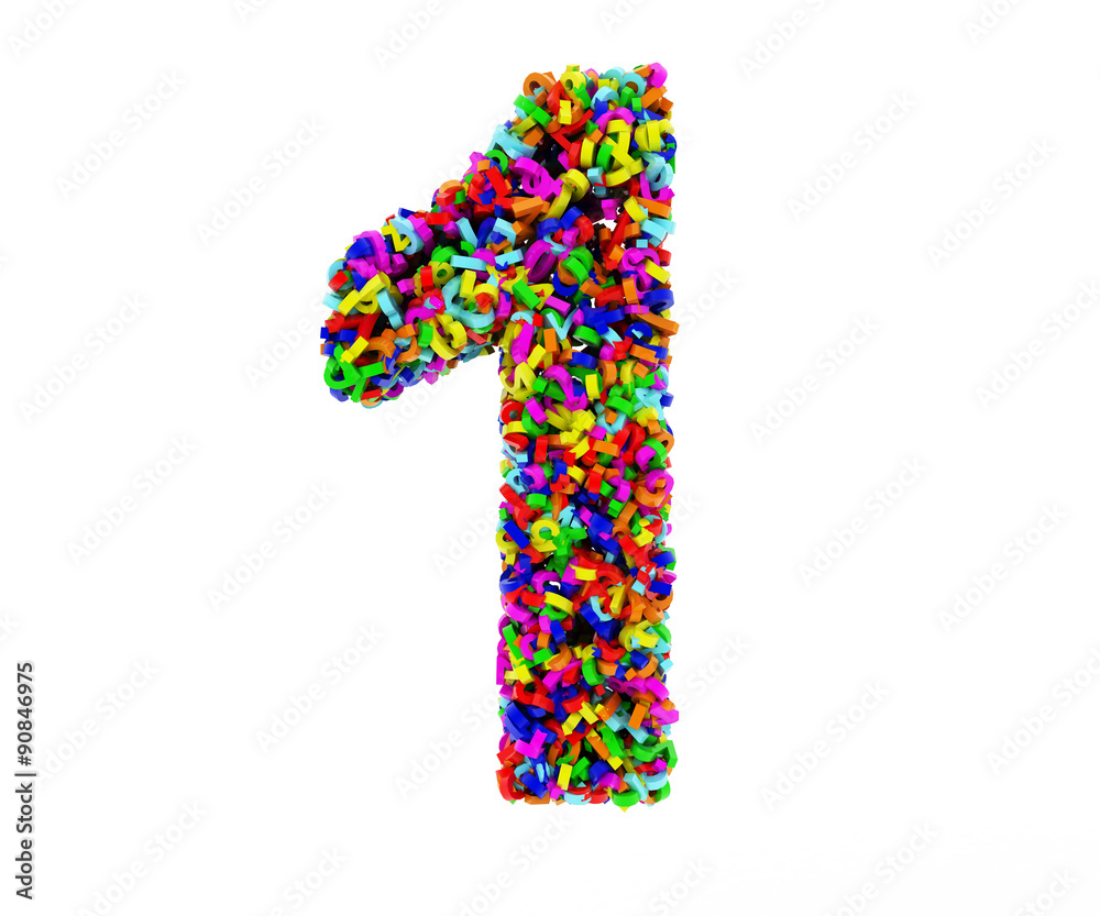 The symbol consists of 1 numbers. Colored letters on a white background. 3D render. The symbol consists of 1 numbers. Colored letters on a white background. 3D render.