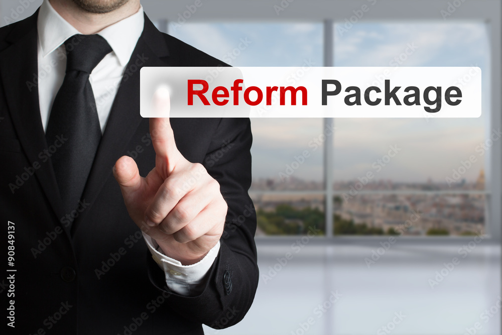 businessman pushing flat button reform package businessman pushing flat button reform package