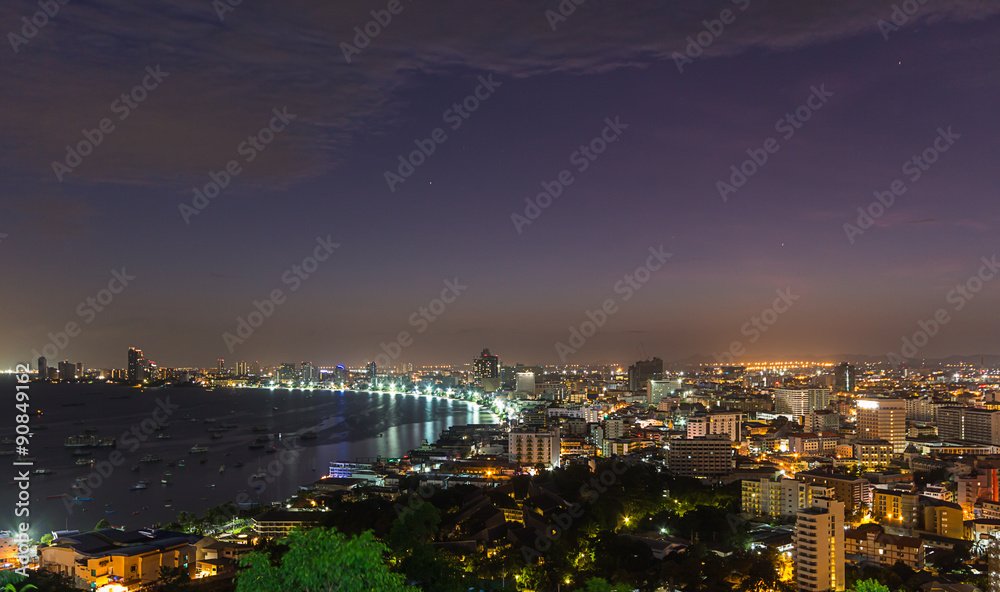 Pattaya city and sea at twilight time, Thailand