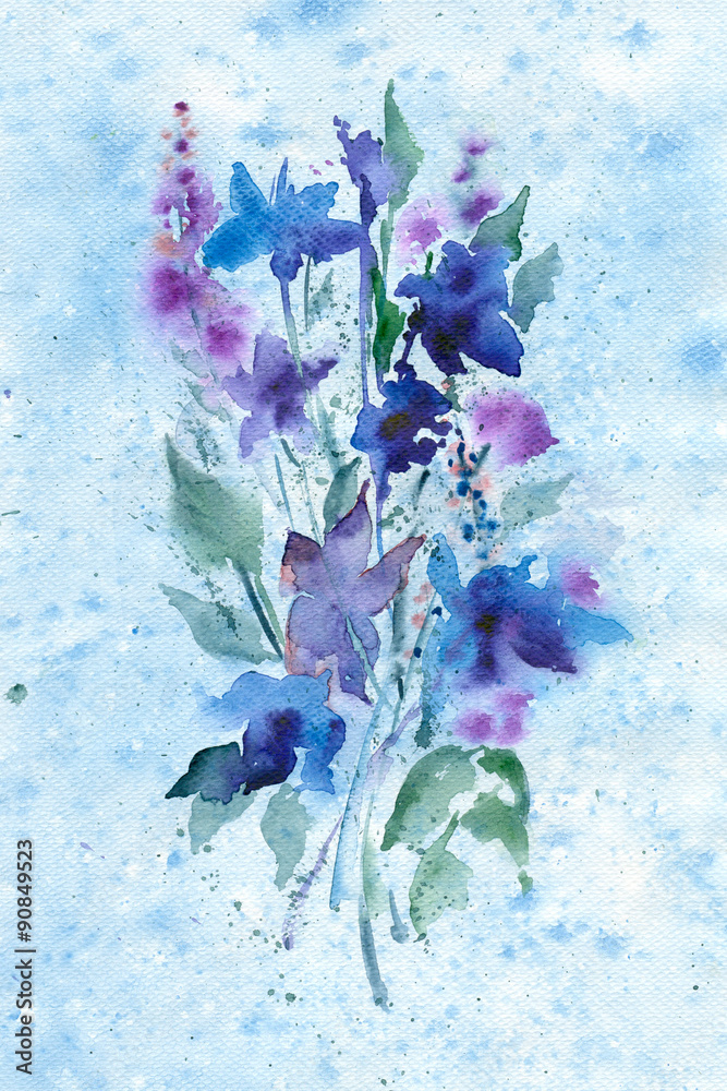 Fototapeta premium Watercolor violet-blue flowers on blurred background 