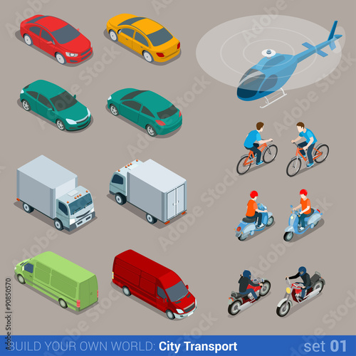 Flat 3d isometric city transport icon set