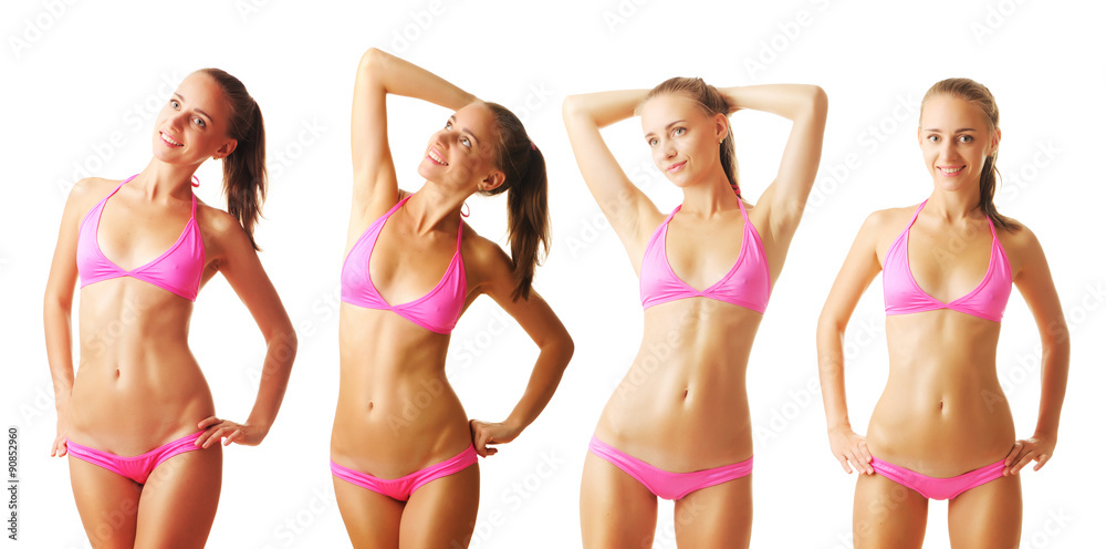 Sexy tan woman in bikini collection - obrazy, fototapety, plakaty 