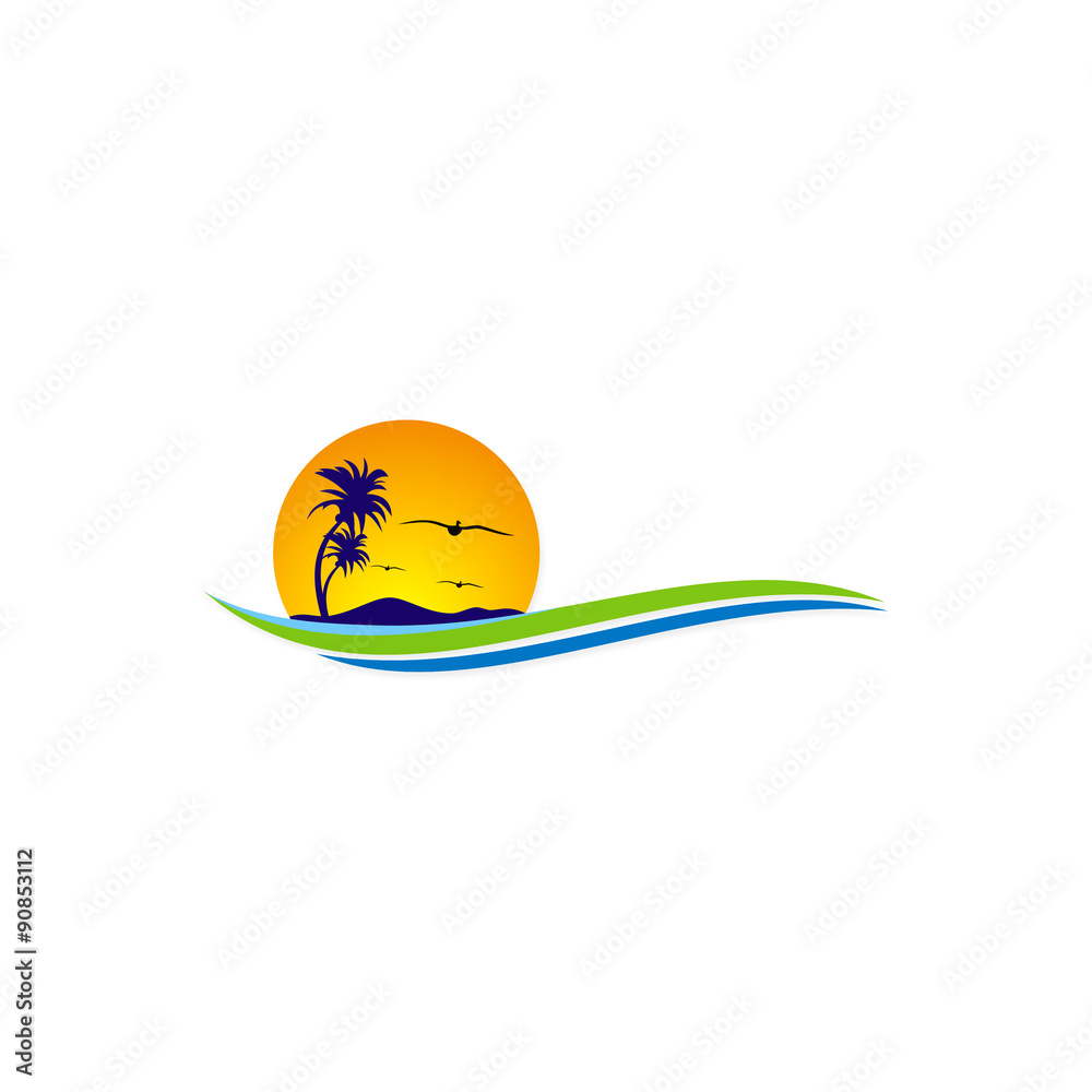 tropic beach sunset travel vector logo
