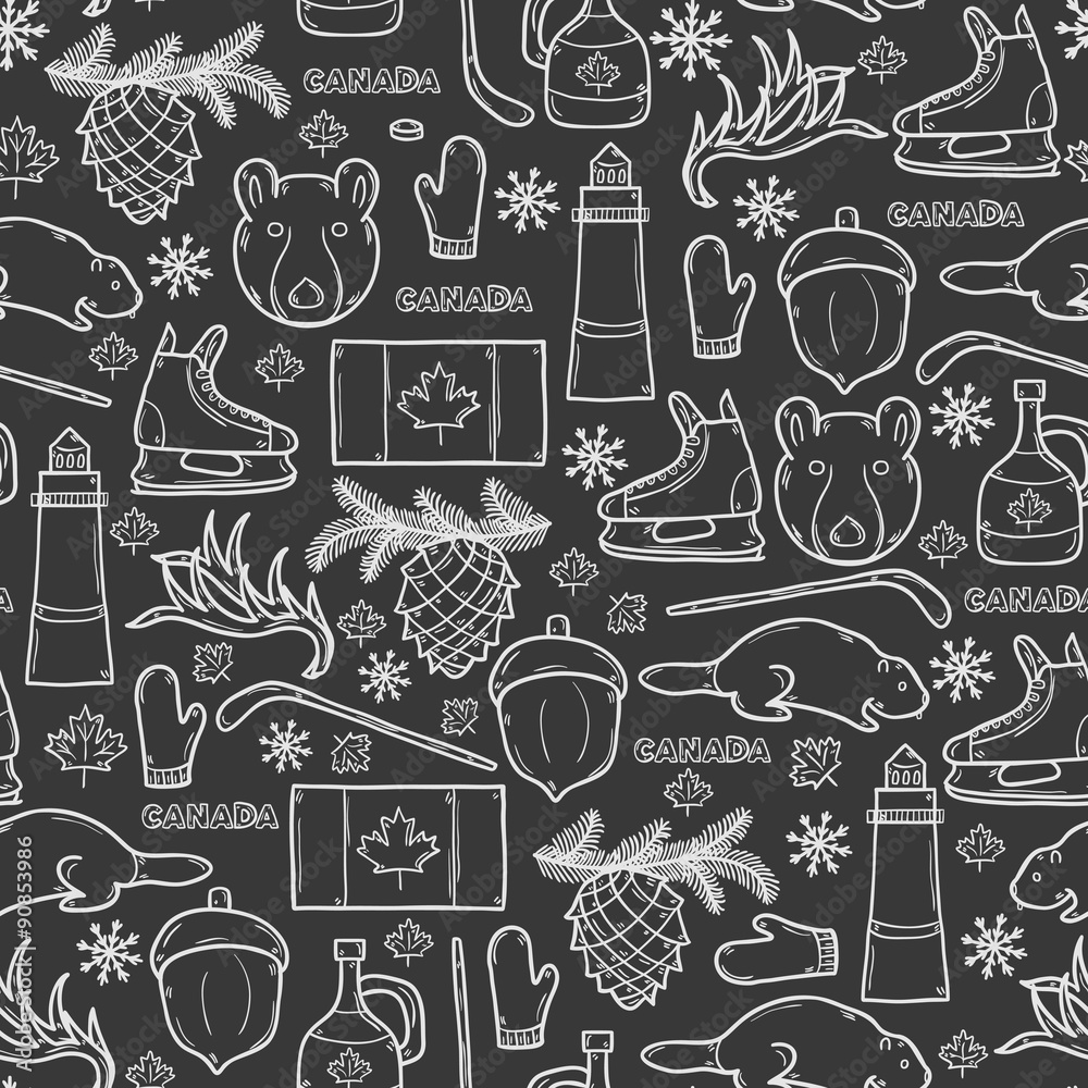 Seamless background with cartoon hand drawn objects on Canada