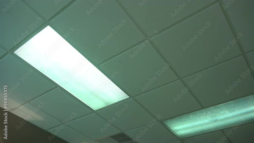 An office fluorescent light turns on then off.