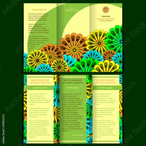 Vector empty trifold brochure print template design with floral elements. 10 EPS