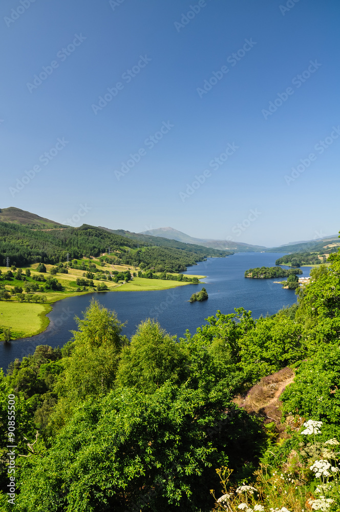 Beautiful summer view across Loch (Lake) Tummel seen from Queen's View, a famous viewpoint. Located near Pitlochry, Perthshire, Scotland, UK.
