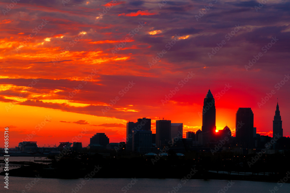 Cleveland, Ohio, silhouetted by a brilliant sunrise