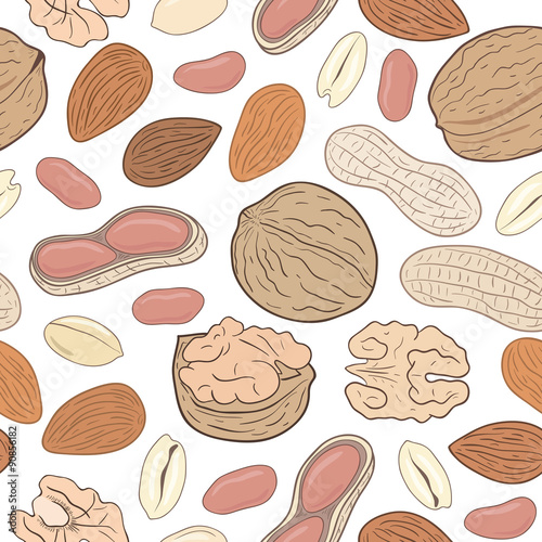 Shelled and whole walnuts, peanuts and almonds. Vector seamless pattern. 