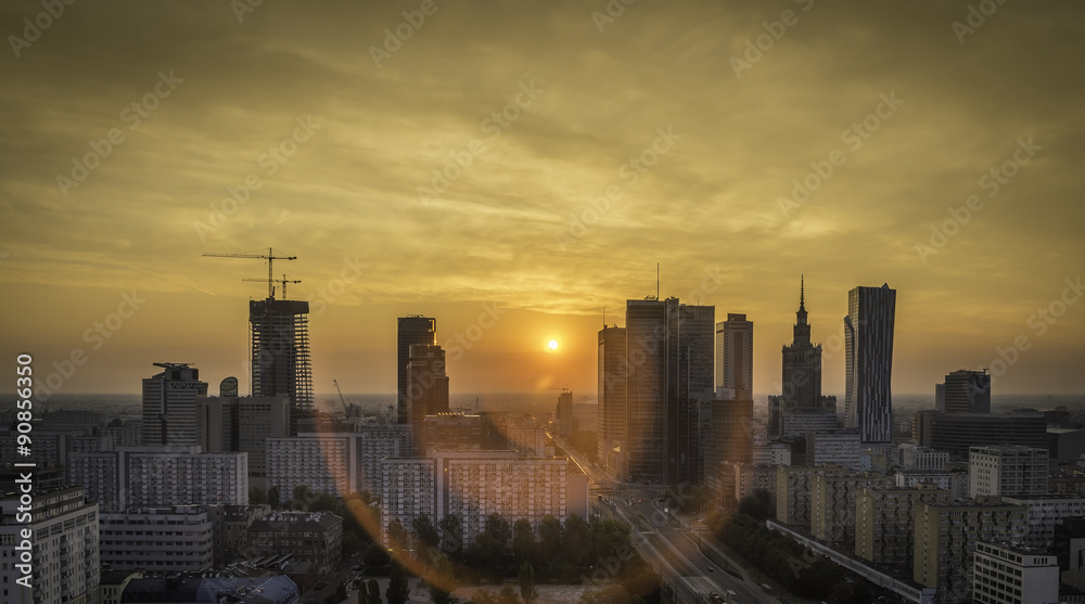 Obraz premium Warszawski śródmieście wschodu słońca widok z lotu ptaka, Polska